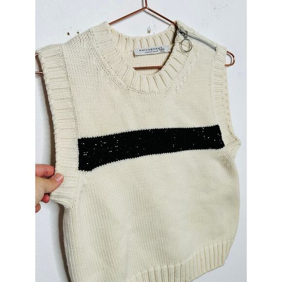 PHILOSOPHY DI LORENZO SERANFINI White Black Rhinestone Studded Wool Sweater US 6 - Picture 10 of 15